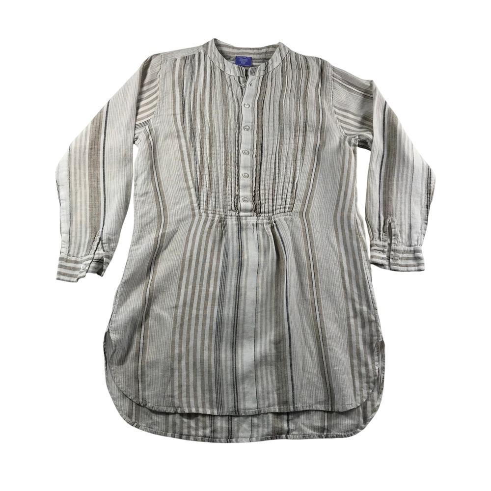 Pine Cone Hill 100% Linen Striped Pintuck Tunic Shirt Beige White S/M Longline